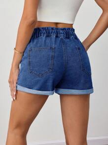 SHEIN Tall Women's Elastic Waist Fitted Denim Shorts, Blue - Dark Wash - View 2