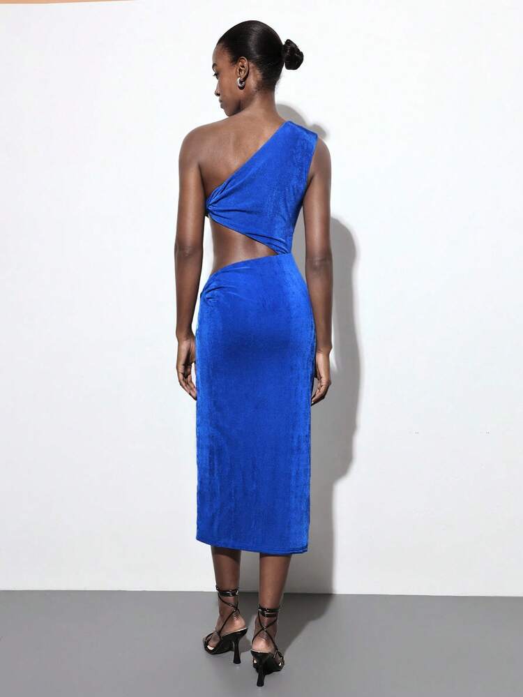 SHEIN Maija Navy Blue Asymmetric Neck Twist-Knot Hollow Out Fitted Women's Dress, Flattering Silhouette For Party, Date, Comfortable Casual, Spring/Summer Festival