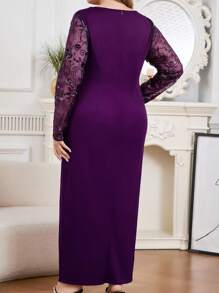 Modelyn Vestido elegante de manga larga con cuello redondo, de talla grande, con parches florales, lentejuelas y volantes de malla - Morado - Ver 3