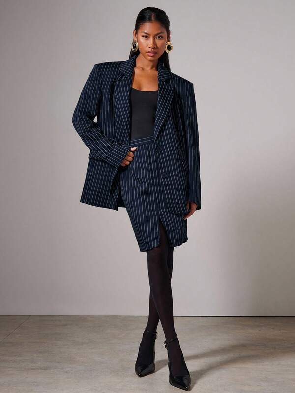 COSMINA Women's Striped Lapel NeckLong Sleeve Jacket And Mini Skirt Casual Suit Set