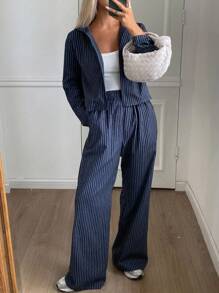 Livesso 女士条纹连帽外套和宽松休闲裤两件套家居服套装