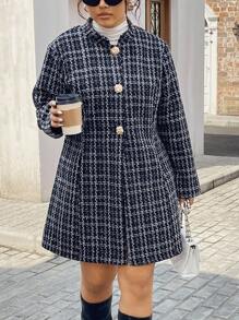 INAWLY 大码女式格子长袖单排扣休闲外套秋冬女装 - 黑色 - 查看 3