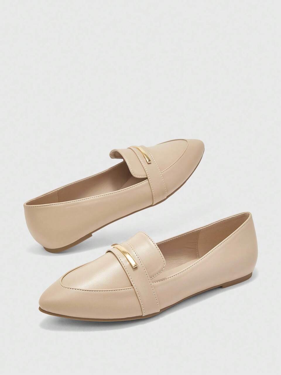 CUCCOO BIZCHIC Women's Fashionable Apricot Minimalist Metal Buckle Flat Loafers, Suitable For Commuting, Dating, Party, Shopping, School And Other Occasions