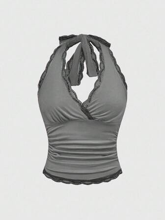 Grunge Punk Débardeur à col ras-du-cou à volants de couleur unie dans le style Y2K pour femmes