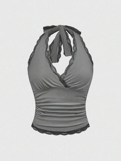 Grunge Punk Camiseta de tirantes con cuello halter y volantes de unicolor, estilo Y2K para mujer