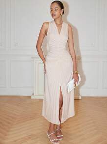 Breezaya Pleated, Solid Color, Body-Con, Sleeveless, V-Neck, High Slit To Thigh, Waist-Cinched, Open Back With Bowknot, Flared Dress, Elegant, Sexy, Glamorous, For Occasions, Workwear, Minimalist, Spring/Summer Women - Apricot - View 7