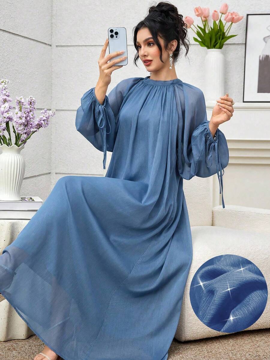 SHEIN Najma 长袖雪纺高领高腰超长连衣裙