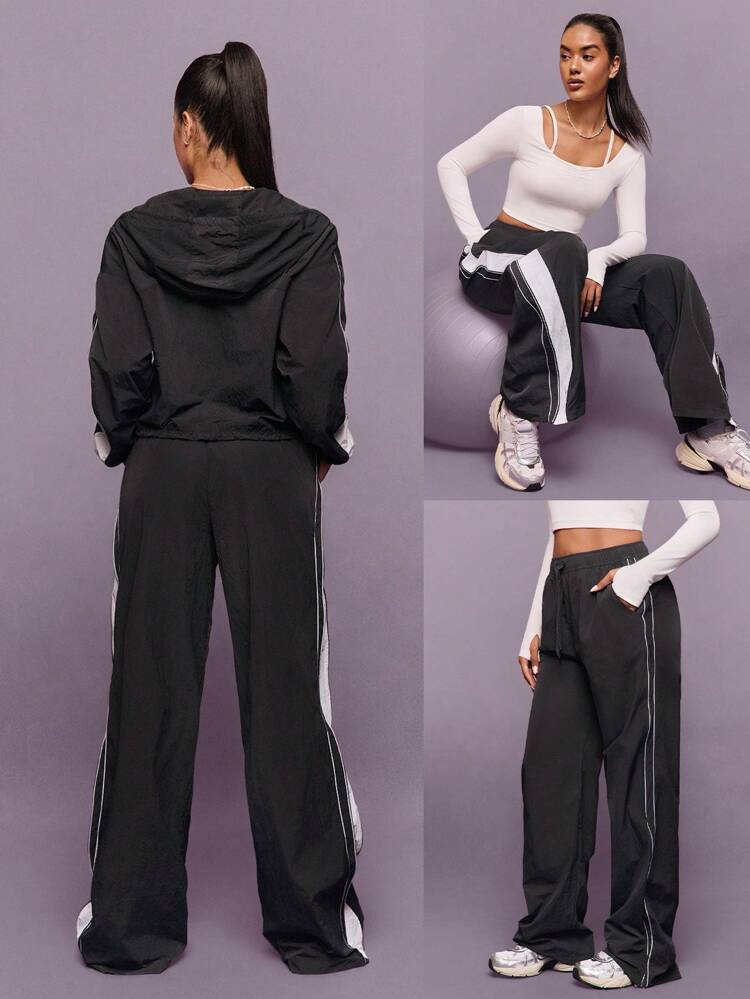 気分に合わせて スムース ソフト 軽量 コントラストストライプ サイドオープニング ウエスト伸縮 調整可能なドローストリング サイドポケット付きトラックパンツ ジム スタジオ 旅行 バケーション ホリデー デイリーカジュアルウェア