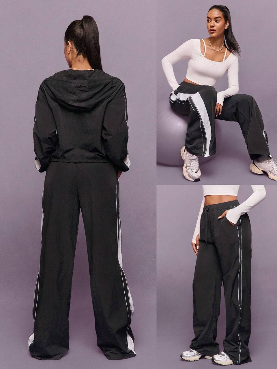 Mood Match Smooth Soft Lightweight Contrast Stripes Side Openings Elastic Waist Adjustable Drawstring Side Pockets Track Pants Gym Travel Spring