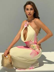 Aloruh Damen Sommerkleid mit Blumenmuster, tiefem Ausschnitt und Hohldesign, sexy für den Urlaub - Gelb - Übersicht 7