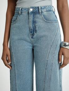 Daynim Calça jeans feminina casual com bolso de botão e perna reta - Lavagem Média - Ver 6