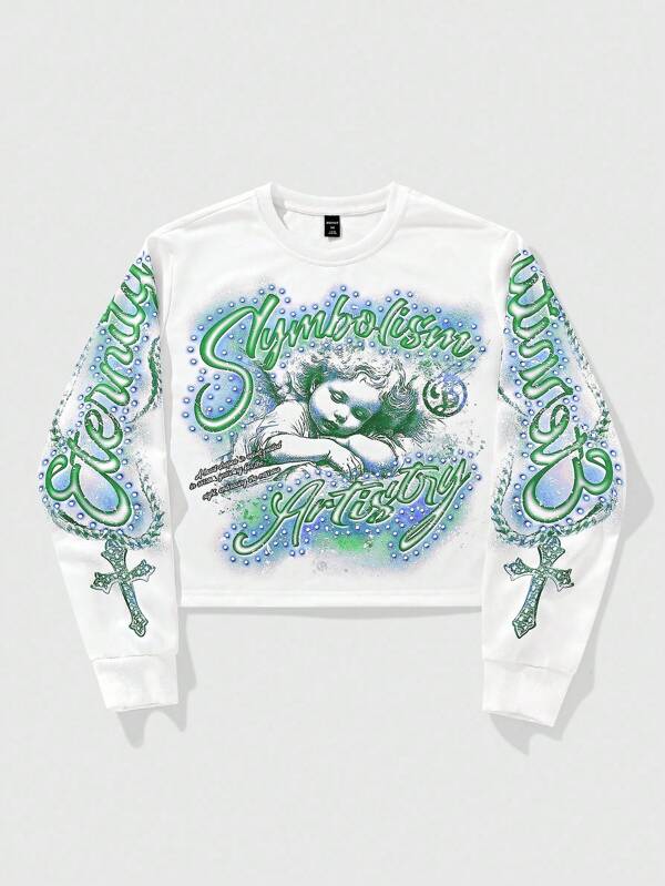 ROMWE MEN Street Life Men's Graphic Print Crew Neck Long Sleeve Pullover Angel Sweatshirt