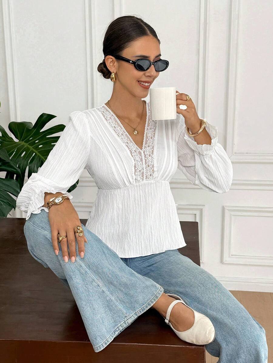 Serisse Women's French Solid Colour Lace V-Neck Long Sleeve Fashionable Shirt Cute Top  Fall Clothes For Women  Going Out Tops Women  Kawaii White Summer Casual White - White - View 1