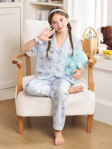 条纹可爱猫咪印花翻领女童睡衣 - 藍白色 - 查看 4