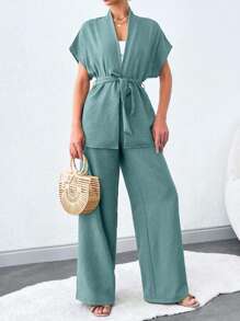 SHEIN Tall 纯色无袖休闲夏季高腰女士两件套（配腰带） - 薄荷綠 - 查看 5