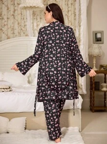 FloralLove 女士加大码系带长袖睡袍吊带衫，植物图案设计，秋冬服装，舒适套装 - 黑色 - 查看 2