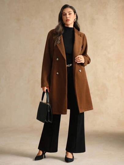 Flouryn Plus Size Women's Autumn/Winter Minimalist Solid Color Overcoat, Elegant Belted Outerwear Fall Cloth For Women