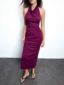 Maija Conjunto de top corto sin mangas de cuello drapeado de punto acanalado morado y falda de cintura alta, estilo ceñido cómodo y agradable a la piel, adecuado para Pascua, festival de música, brunch de graduación, elegante