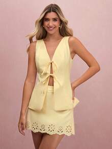 Enchnt Women's Pale Yellow Front Tie Vest & Floral Hollow-Out Mini Skirt Set, Elegant Summer Two Pieces Set For Brunch,Vacation&Date,Autumn Outfits - Yellow - View 4