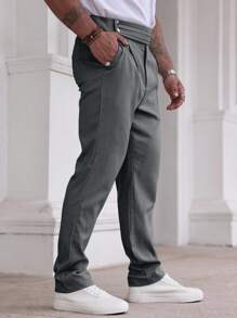 Manfinity Homme 男士纯色褶皱口袋直筒休闲裤 - 深灰色 - 查看 5