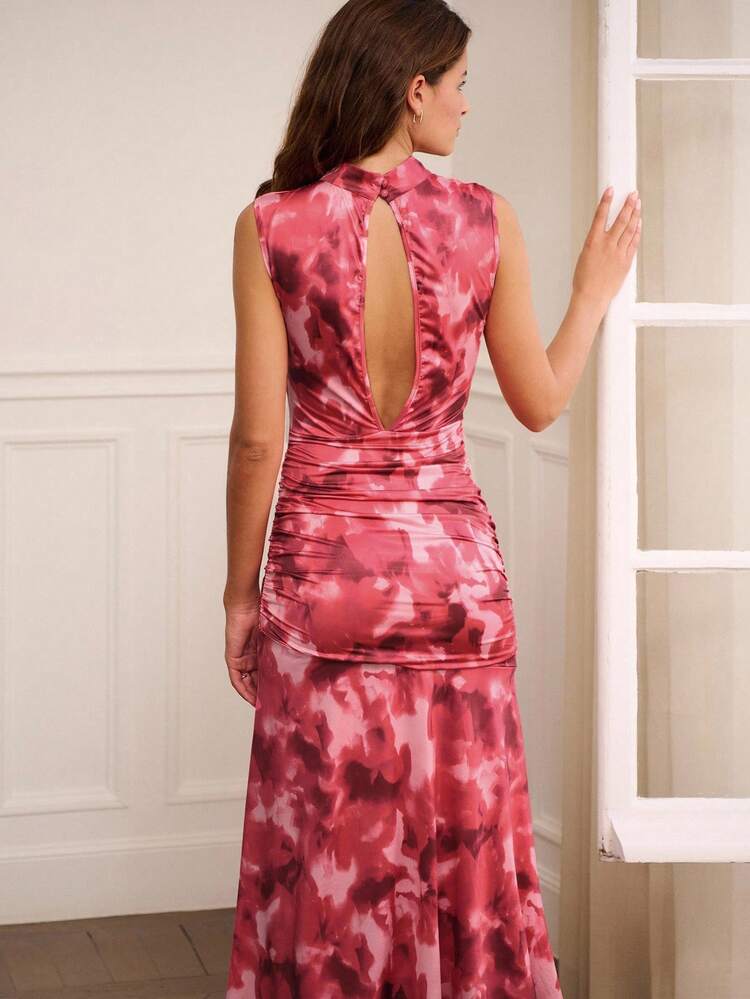 Figurbetontes ärmelloses Midikleid mit abstraktem pinkem Blumen Muster, Raffdetail, Abendkleid für Dates, Ausgehkleid, Herbstkleid für Herbst und Winter