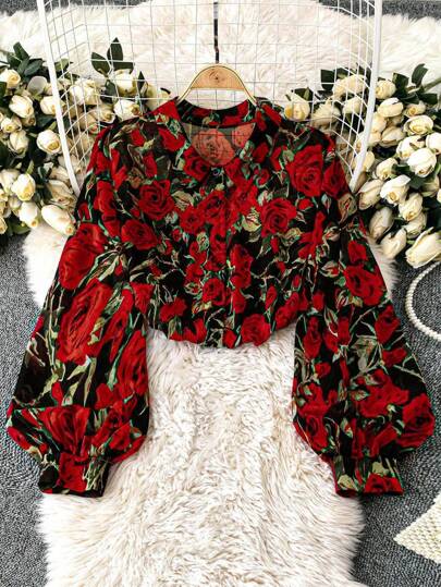 Rometta Plus Size Women's Floral Print Chiffon Puff Sleeve Blouse,Valentine Fall Cloth For Women