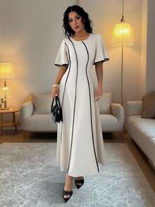 Rafferiza 女士常规夏季新款圆领短袖连衣裙，黑色撞色条纹拼接，收腰，优雅长裙，适合外出、家庭聚会，百搭 - 彩色 - 查看 5