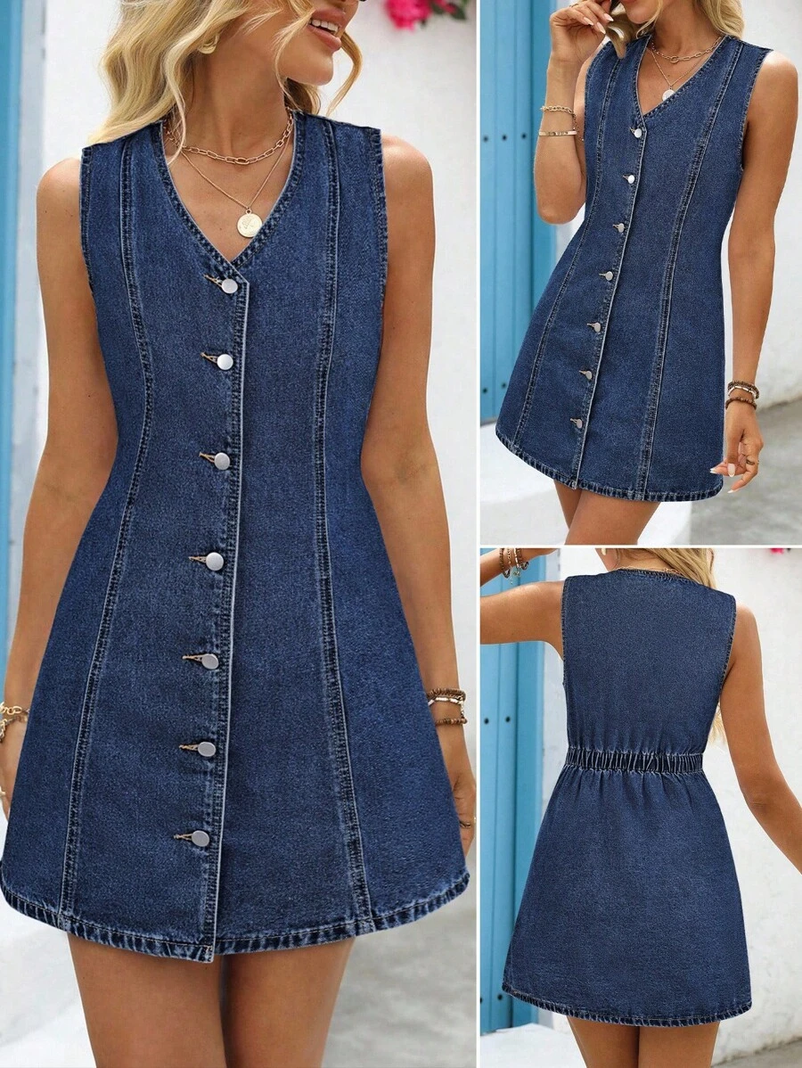 EMERY ROSE Vestido de mezclilla casual de mujer con cuello en V, de una sola hilera, sin mangas y con cintura elástica, para verano - Azul lavado oscuro - Ver 1
