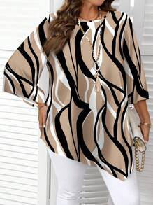 EMERY ROSE Kemeja Lengan Panjang Leher Bulat Motif Garis Kasual Ukuran Besar, Cocok untuk Blus Wanita Musim Semi dan Gugur, Atasan Motif Zebra Elegan - MultiWarna - View 4