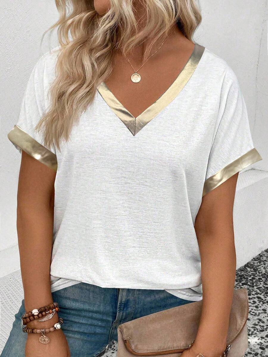 EMERY ROSE Women's Casual V-Neck Short Sleeve PU Leather Patchwork Gold Trim Plus Size T-Shirt