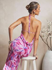 L'Amorae Elegant Floral Print Chiffon Halter Maxi Dress With Low Drape Cowl Back - Multicolor - View 3