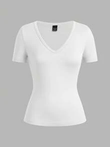 SHEIN EZwear 3pcs Women's Deep V-Neck Tight Casual Short Sleeve Basic Layering Long Sleeve T-Shirt Set, Black/Pink/White, Suitable For Spring/Summer Suitable For Going Out - Multicolor - View 10