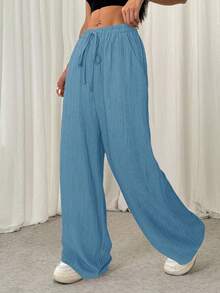 SHEIN EZwear 女式蓝绿色前系带休闲褶皱纹理长裤 - 水鴨藍 - 查看 5