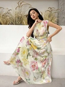 Heiryn Women's Floral Print Crew Neck Criss-Cross Design Elegant Dress