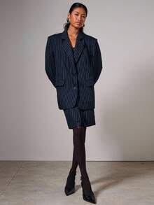 COSMINA 女士条纹翻领长袖夹克和迷你裙休闲套装，秋冬女士办公室服装 - 黑與白 - 查看 4