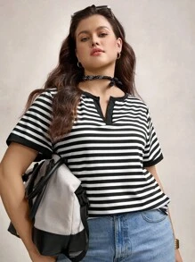 Zelara Plus Striped Notched Neckline Contrast Binding Tee, Summer Back To School Back To School School Clothes Back To School Clothes  Homecoming Dress Teacher - Black and White - View 5