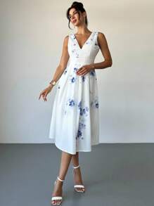 Firerie Robe élégante à col V sans manches avec imprimé floral pour femmes