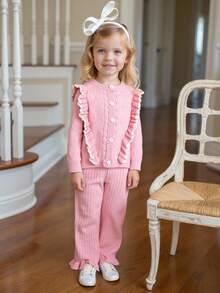 SHEIN Young Girls Casual Cute Pink Fairy Autumn Ruffled Knit Cardigan&Knit Pants Set,Soft Comfortable Outfit For Daily,Outdoor,Travel,Vacation,Fall Winter - Pink - View 1