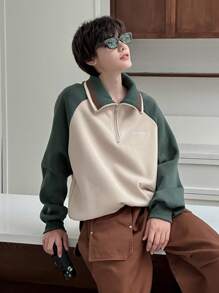 DAZY Men's Autumn Contrast Color Letter Embroidery Raglan Sleeve Pullover Sweatshirt Quarter Zip Men - Green - View 6