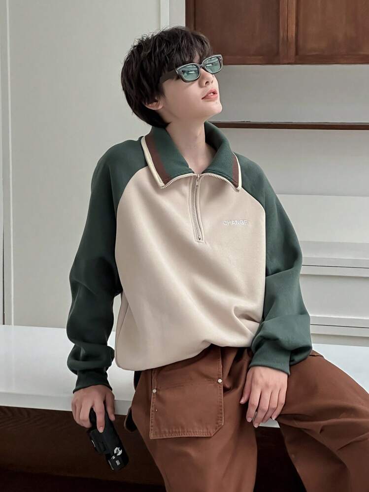 DAZY Men's Autumn Contrast Color Letter Embroidery Raglan Sleeve Pullover Sweatshirt Quarter Zip Men - Green - View 6