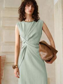 EMERY ROSE Vestido gris azul de longitud media sin mangas con diseño de pliegues retorcidos asimétricos en la cintura y bajo asimétrico, para uso diario, trabajo, regreso a clases, atuendos de maestras y vestimenta casual de negocios para mujer en verano - Azul - Ver 5