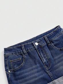 Astro Boy X ROMWE Minifalda de mezclilla de cintura baja, ajustada y corta con gráfico de figura de dibujos animados retro Y2K para mujer - Azul lavado oscuro - Ver 4