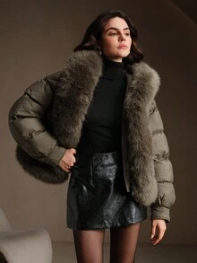 Anewsta Áo khoác chần bông cổ lông dày dặn, có đệm cho nữ, thích hợp cho mùa thu, mùa đông, đi chơi, thanh lịch, sang trọng, trang trọng, tốt nghiệp - Cà phê nâu - Xem 4