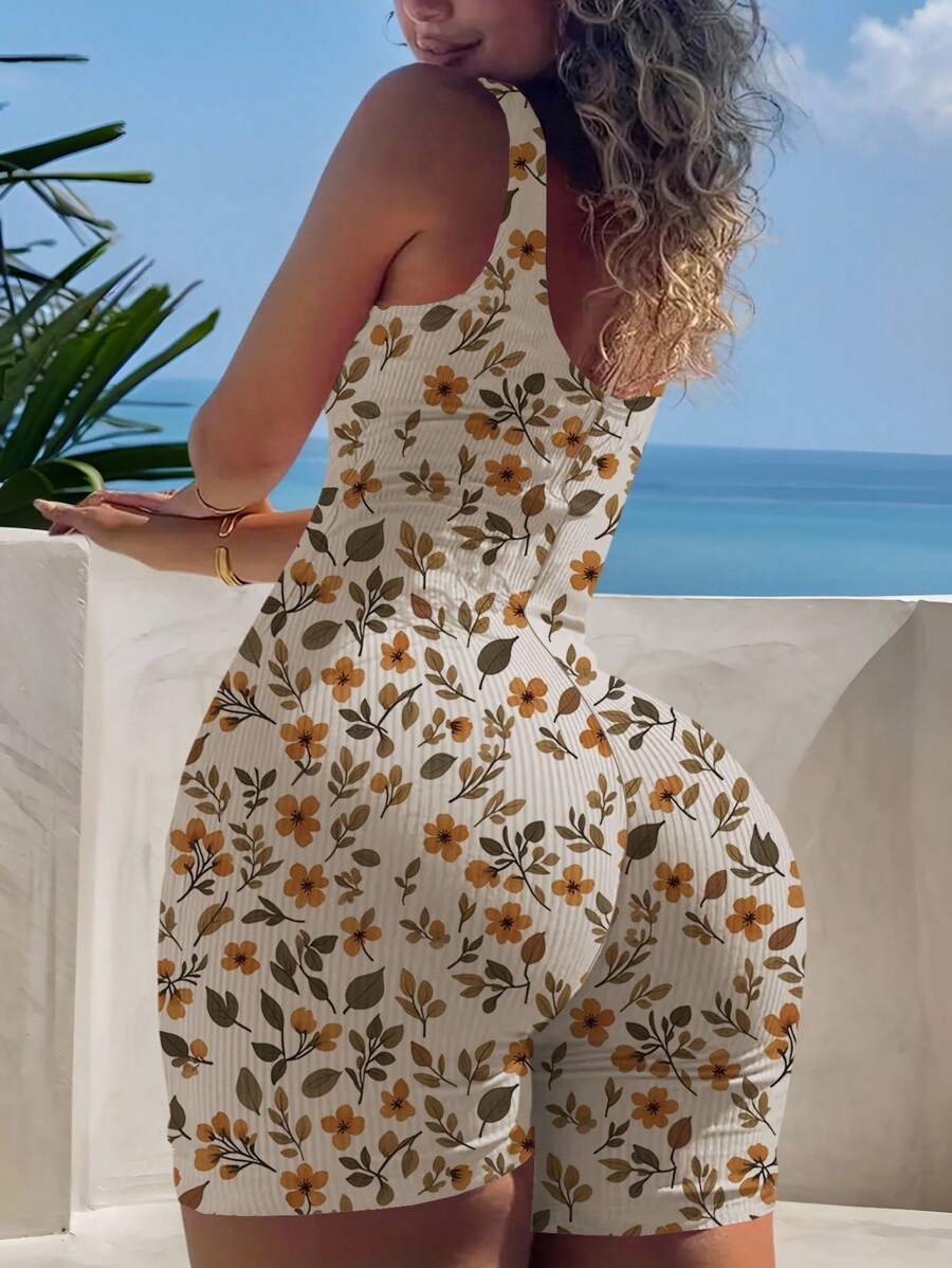INAWLY Women Backless Full Version Floral Print Fashion Sports Outdoor Leisure Suitable For Vacation Tight Jumpsuit - Khaki - View 1