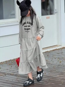 DAZY Tween Girls Crew Neck Knit Printed Dress, Autumn - Grey - View 7