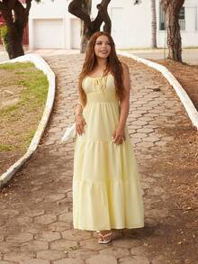 Lupita Cardoza Women's Yellow Tie-Up Shirred Waist A-Line Dress, Suitable For Commute/Elegant/Sexy/Vacation/Beach/Hawaii/Romantic/Date/Valentine's Day/Concert/Wedding Season,Butter Yellow, Fairycore,Bohemia - Yellow - View 5