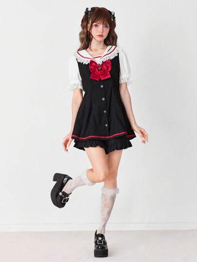 J-Fashion Women's Sweet Contrast Color Patchwork Peter Pan Collar Bow Decor Shirt & Shorts 2 Pieces Set