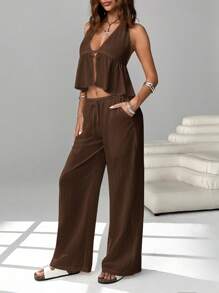 SHEIN EZwear 2 piezas Conjunto de top halter y pantalones casuales de vacaciones para mujer - Marrón - Ver 4
