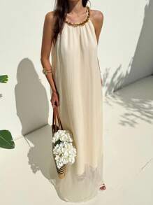 Aloruh Date Night Outfits Women Apricot Vacation Beach Dress With Unique Neckline And A-Line Silhouette For Women - Apricot - View 2