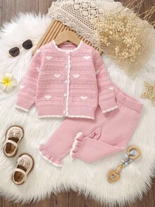 SHEIN 2pcs Baby Girls Pink And White Heart Pattern Knitted Cardigan+Pants Set,Cute Autumn Matching Family Outfit,Soft Casual Fall Winter Clothes For Infant - Pink - View 1
